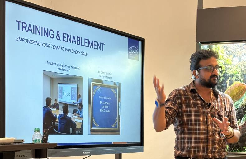 EBCO Dealer Meet April 2026: Building a Strong Ecosystem for Growth at Senbaga Life Spaces 2 Prakash Ravichandran addressing the audience at Ebco Dealer Meet at Senbaga Lifespaces